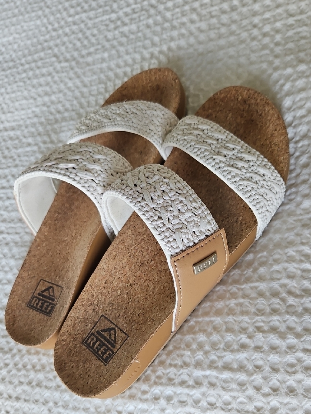 Reef Women's Cream Woven Double-Strap Cork Slide Sandals